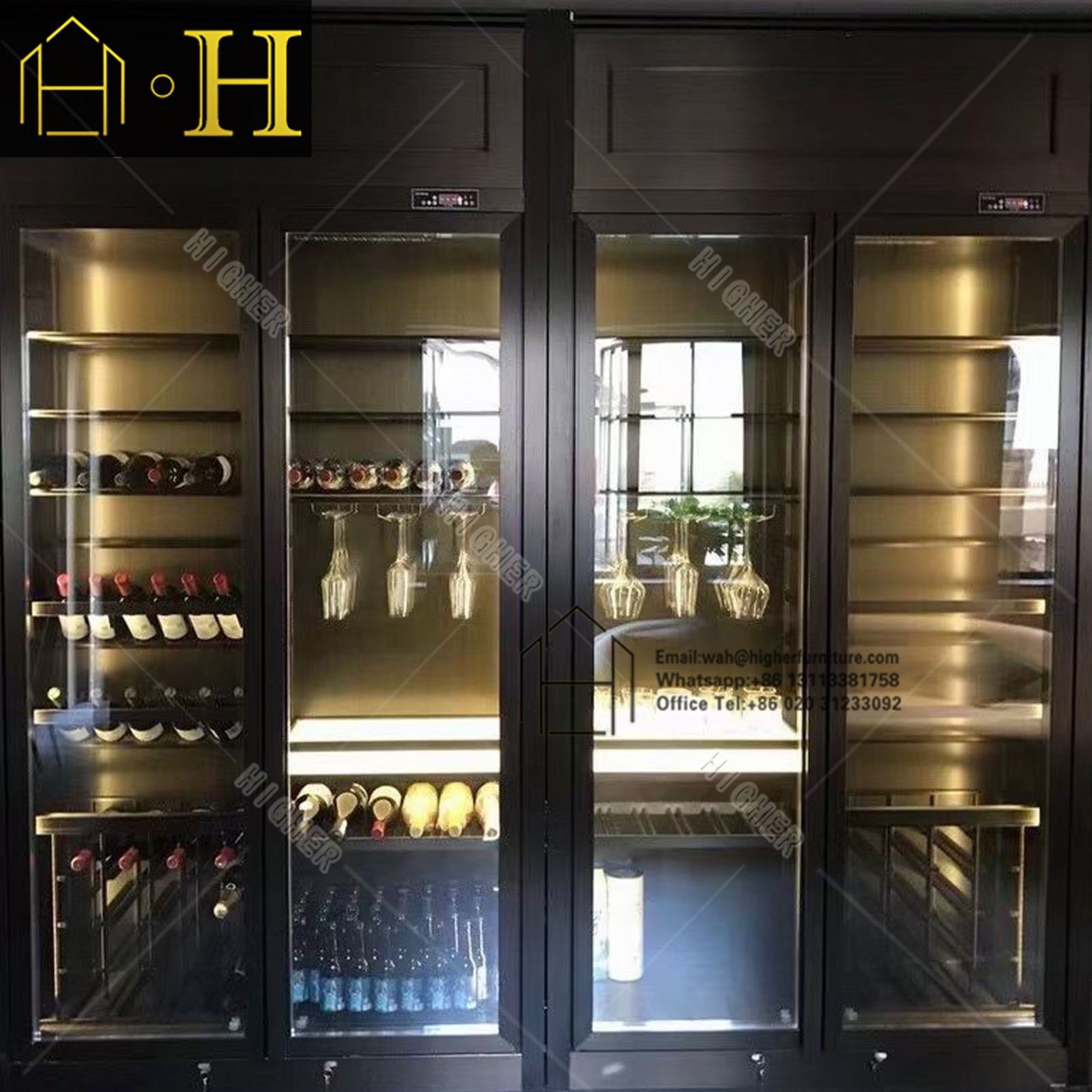 Luxury Living Room Wine Wall Display Counter Metal Wine Display Cabinet Glass Vitrine Display Case