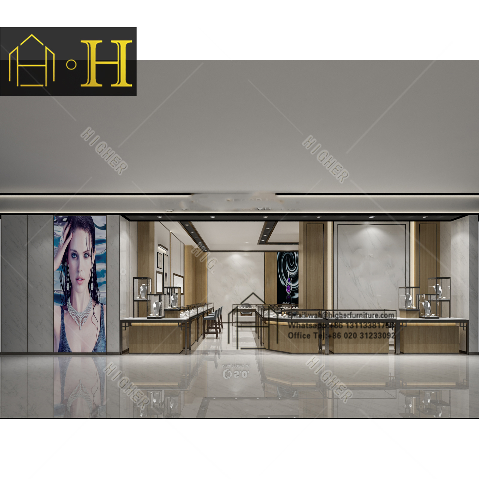 Customized glass door display cabinet jewelry shop furniture design jewellery counter design