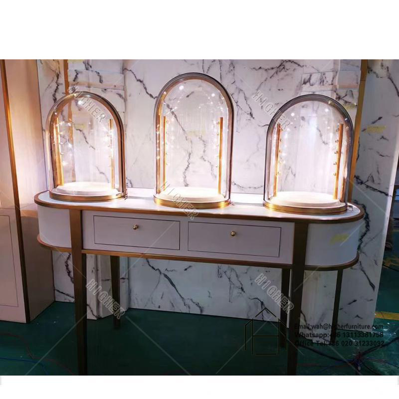 Luxury Jewelry Display Cabinet Wooden And Glass Showcase Round Stainless Steel Jewelry Store Counter Customization