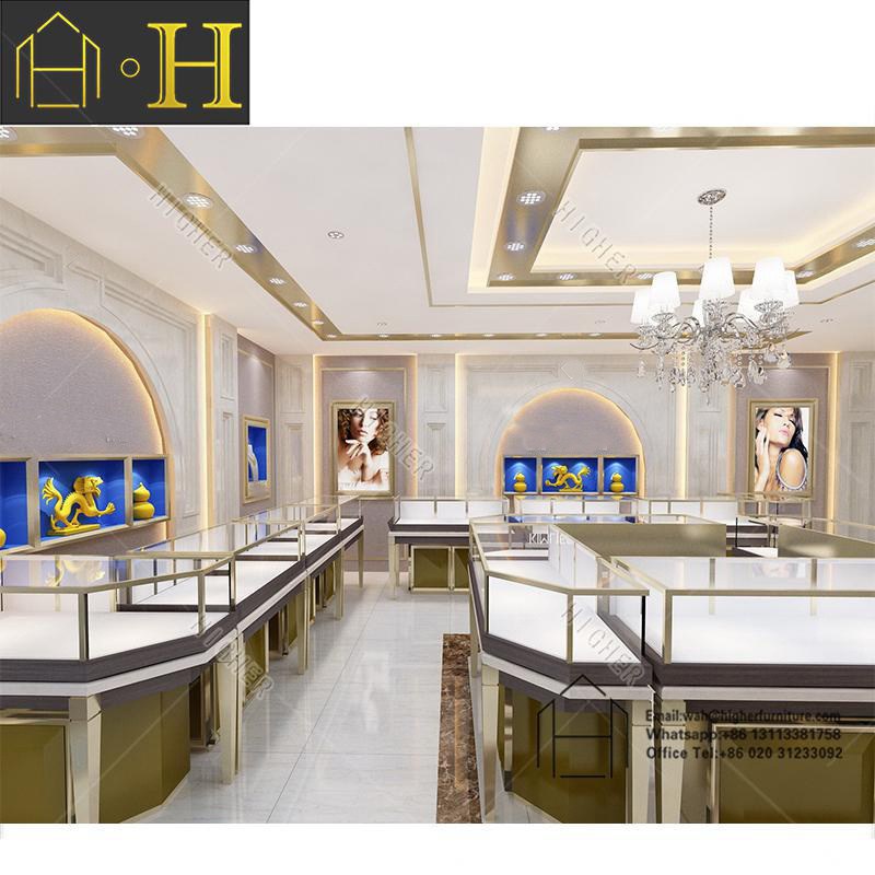 High End Luxury Gold Jewelry Store Display Counter Silver Ornament Shop Interior Design Wooden Used Jewelry Display Cases