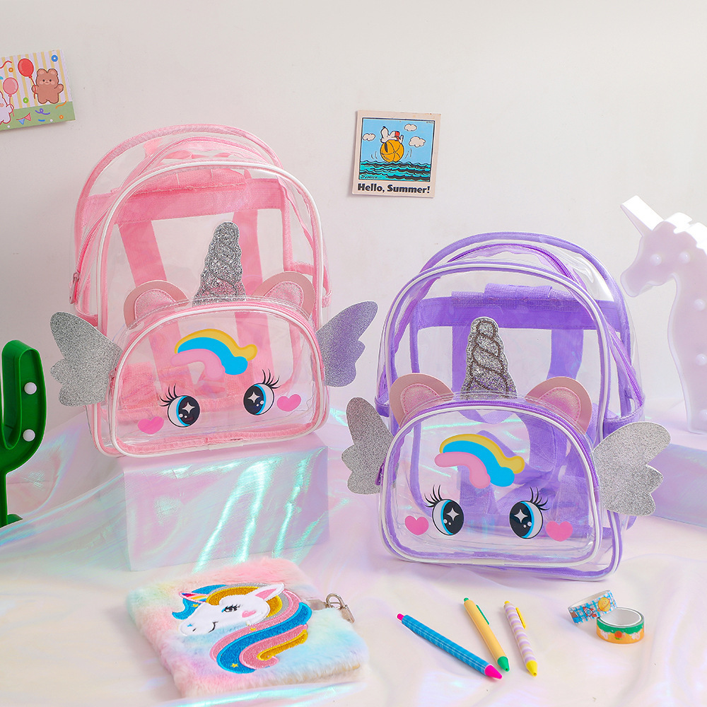 Summer new cartoon transparent backpack children's big eyes unicorn bag with wings for school girl