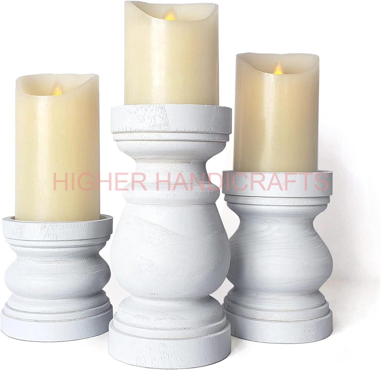 Traditional Wooden Candle Holders Pillar Standing Tall Set of 3 Vintage Style White Candlestick Holders Farmhouse Pillar Candles