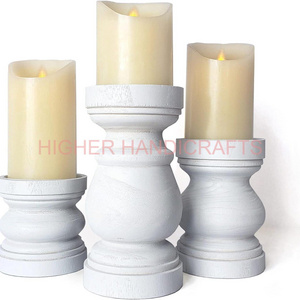 Traditional Wooden Candle Holders Pillar Standing Tall Set of 3 Vintage Style White Candlestick Holders Farmhouse Pillar Candles