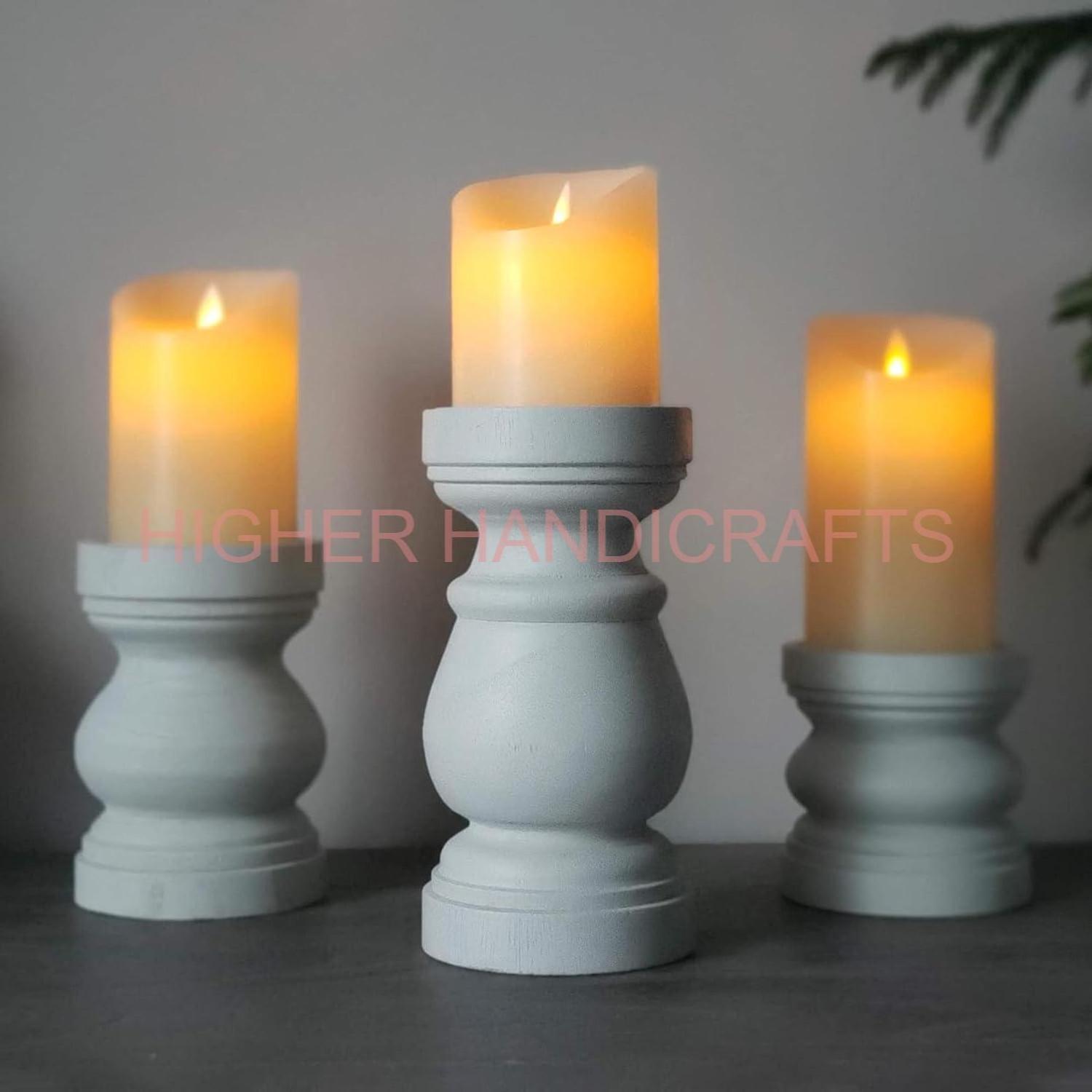 Traditional Wooden Candle Holders Pillar Standing Tall Set of 3 Vintage Style White Candlestick Holders Farmhouse Pillar Candles