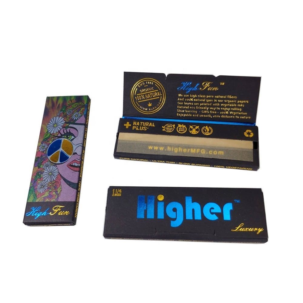 Private Branded holograph custom Natural Arabic gum unbleached organic hemp rolling papers smoking skins