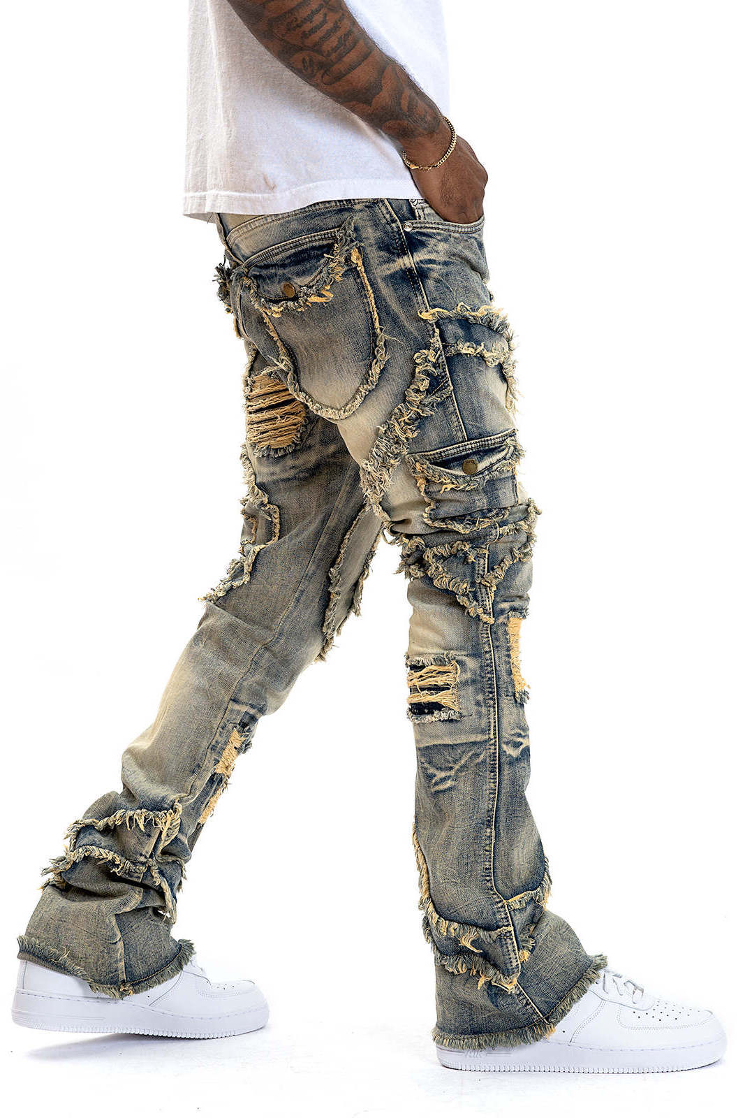 ZhuoYang Garment Stacked Jeans Men's Stacked Trousers Pants Locked And Loaded Ripper Jeans