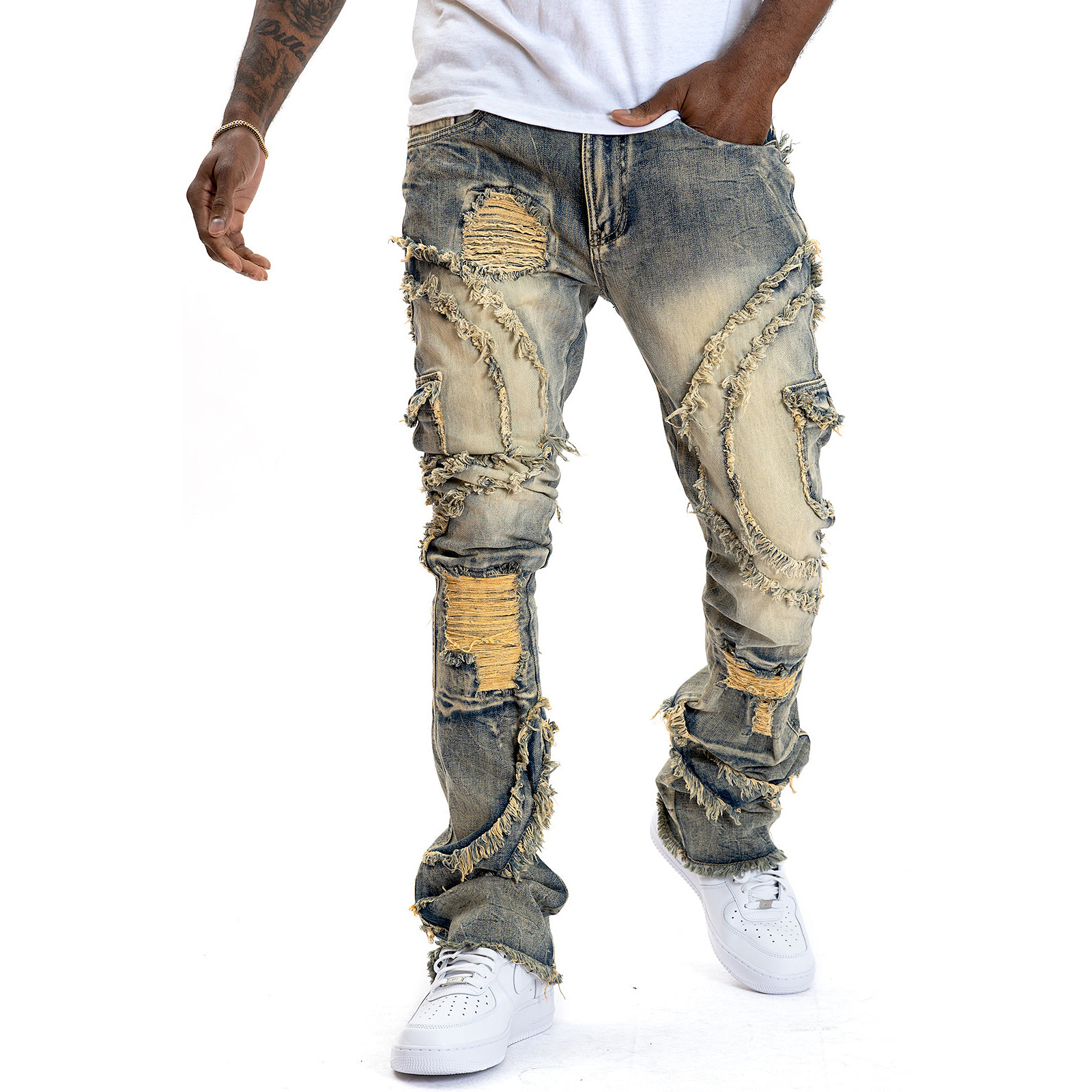 ZhuoYang Garment Stacked Jeans Men's Stacked Trousers Pants Locked And Loaded Ripper Jeans