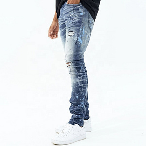 HG Street Style Spray Graffiti Rhinestones Pant Custom Distressed Patch Stretch Slim Denim Jeans Men's Paint Splatter Jeans