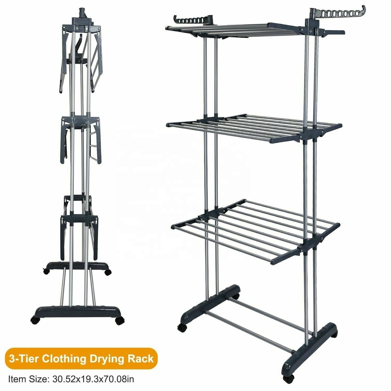 3 Tier Laundry Organizer Clothes Drying Rack Rolling Collapsible Garment Laundry Dryer Hanger