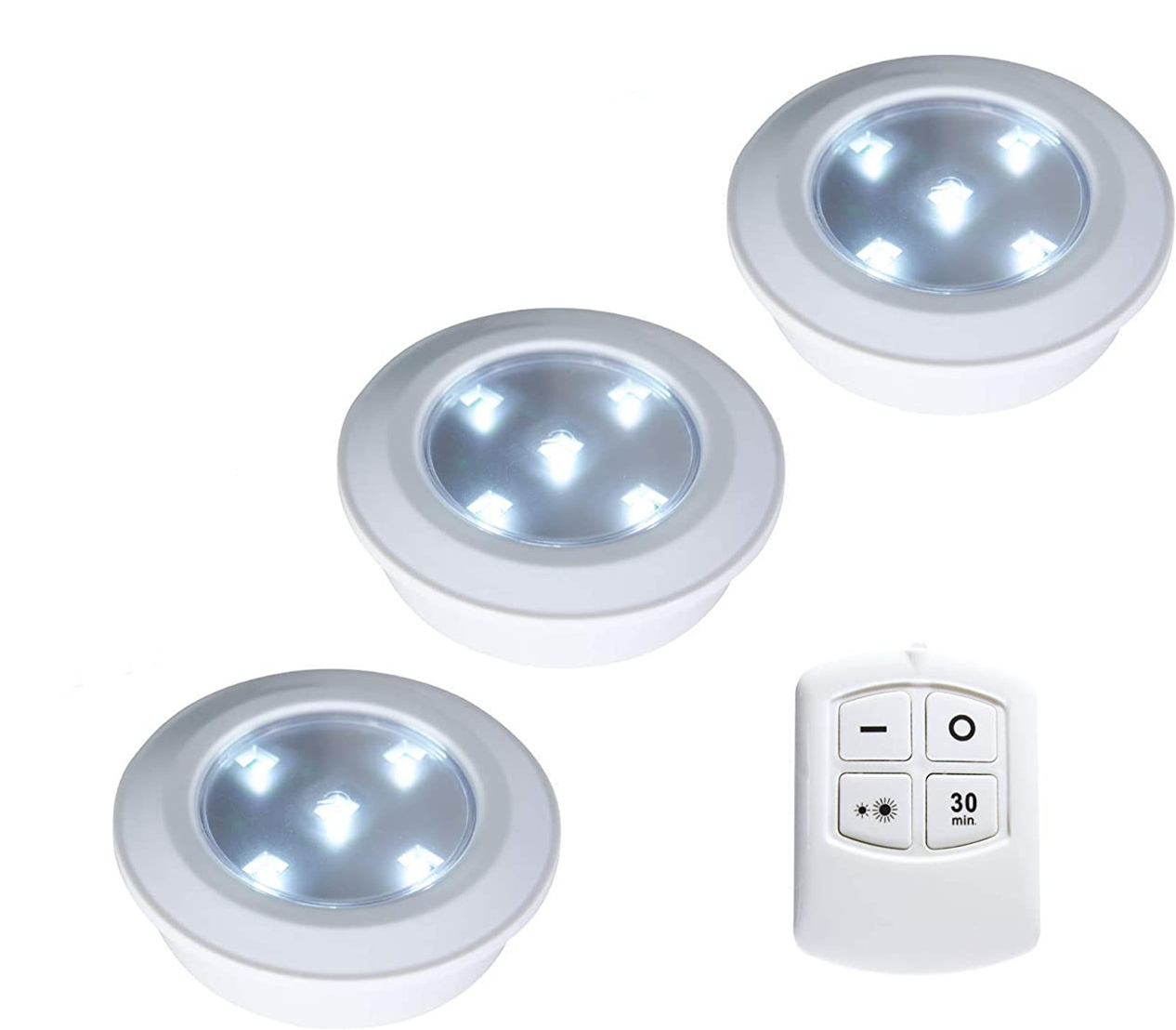 Wireless LED Puck Light, 3 Pack Cabinet Lighting with Remote Control, Stick on Lights with 30-Minute Timer