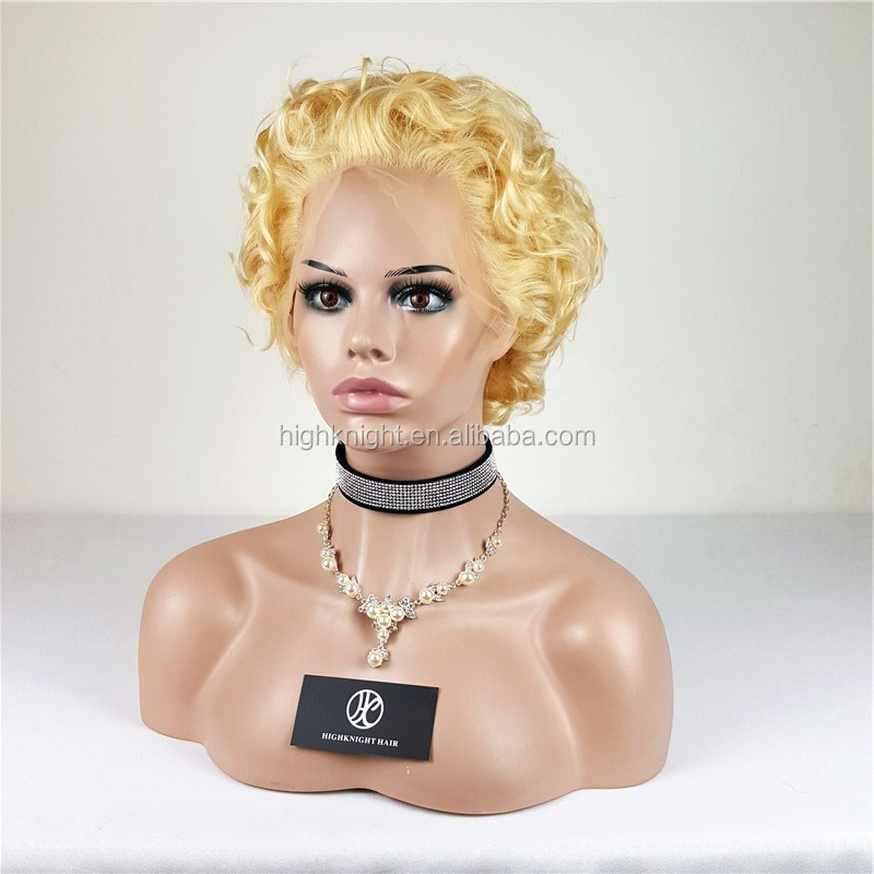 Highknight Aliexpress 613# Color Lace Front Wigs Blonde Short Pixie Curly Human Hair Pixie Wigs For Black Women