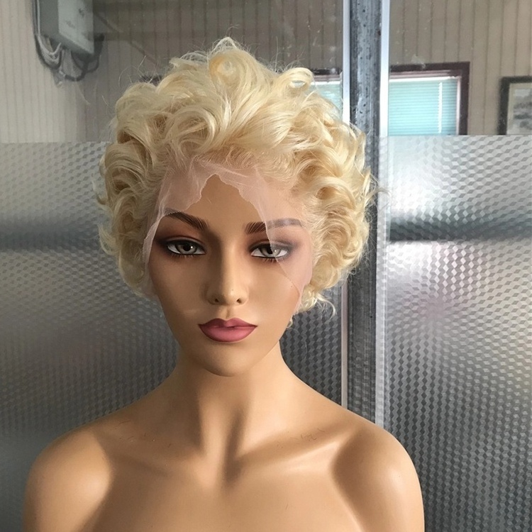 Highknight Aliexpress 613# Color Lace Front Wigs Blonde Short Pixie Curly Human Hair Pixie Wigs For Black Women