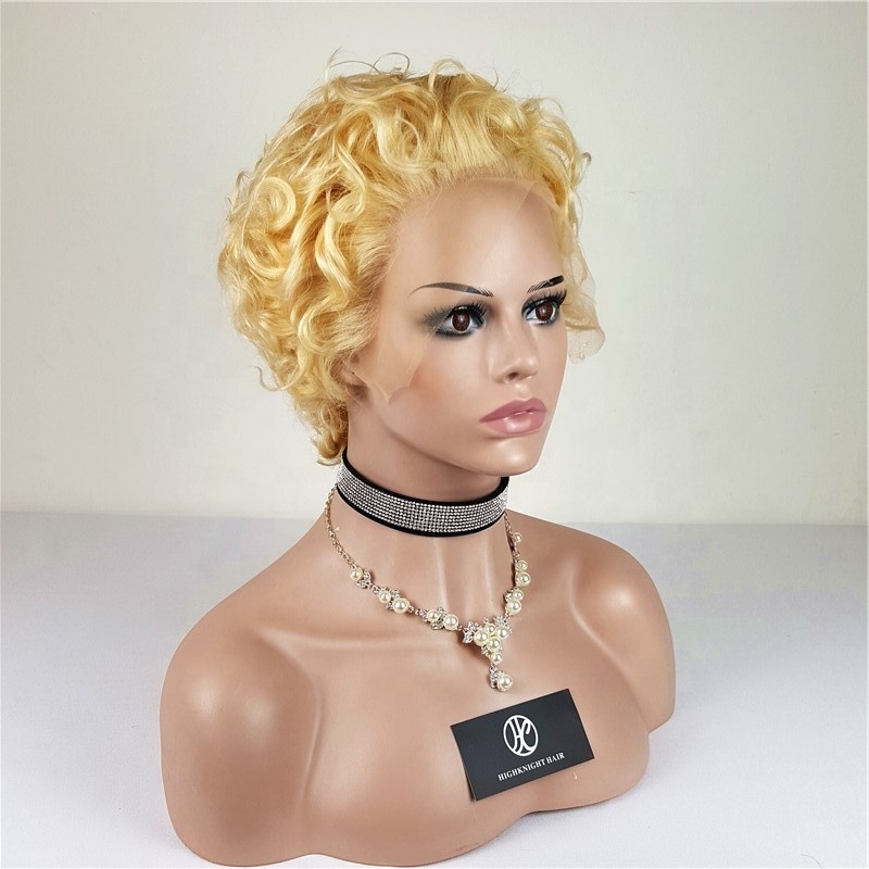 Highknight Aliexpress 613# Color Lace Front Wigs Blonde Short Pixie Curly Human Hair Pixie Wigs For Black Women