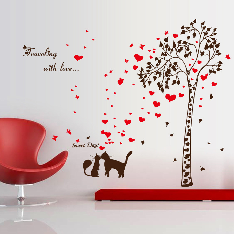 Lovers Kiss Cats  Love tree Lounge Living room Hallway  3d PVC Decoration Barcode Customized Die Cut Wall Sticker