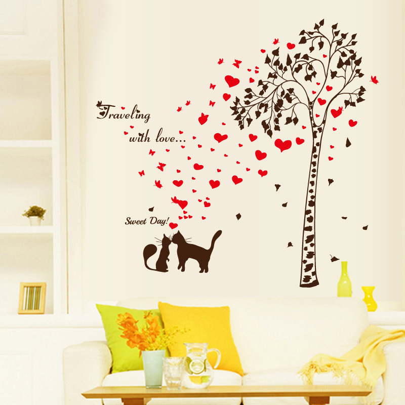 Lovers Kiss Cats  Love tree Lounge Living room Hallway  3d PVC Decoration Barcode Customized Die Cut Wall Sticker