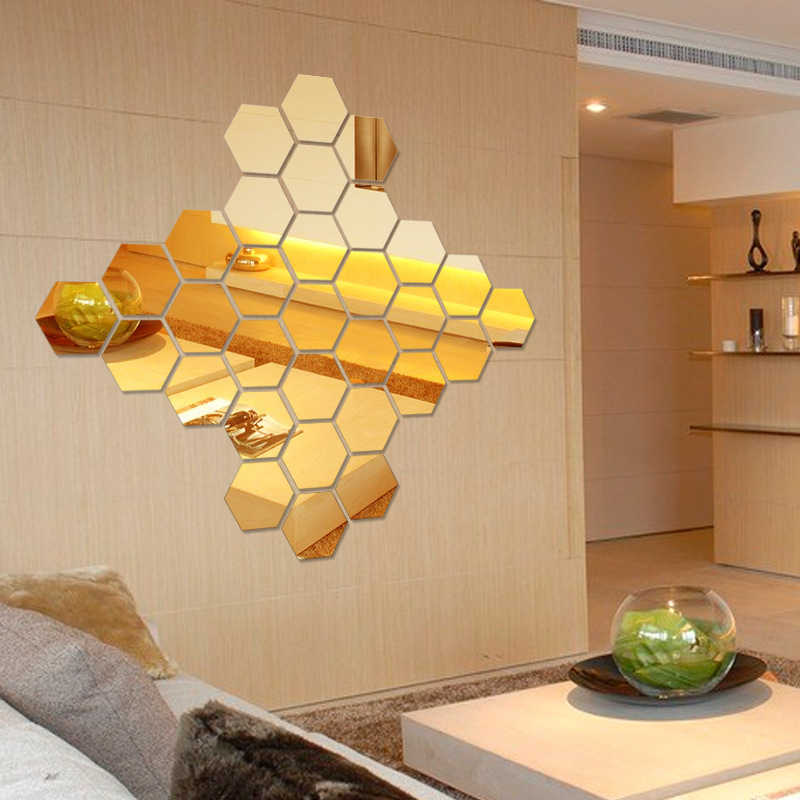 12pcs Fashion DIY wall hexagon Arabic number  Living Room Stair mirror Sticker