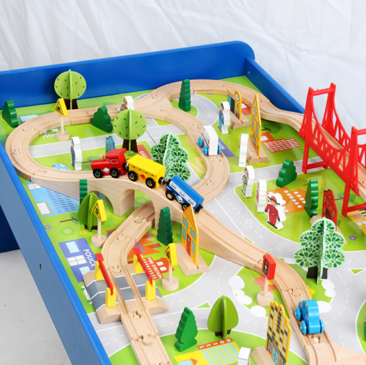 Wooden 88 pieces of transportation train track children's railway table games