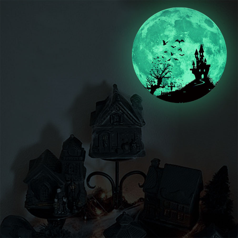 30cm Glow in Dark Moon castle witch bat Glowing Ceiling Decals for Bedroom Living Room