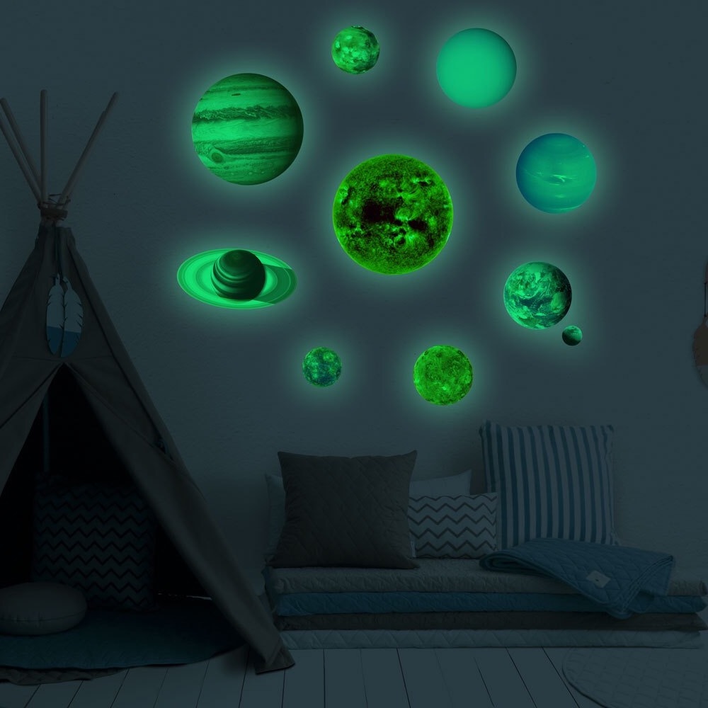 Stars and Planets, Bright Solar System Wall Stickers 9 Glowing Ceiling Decals for Bedroom Living Room for Kids