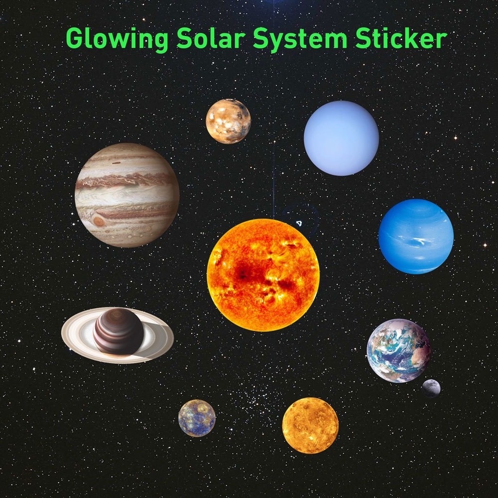 Glow in Dark Stars and Planets, Bright Solar System Wall Stickers 9 Glowing Ceiling Decals for Bedroom Living Room for Kids