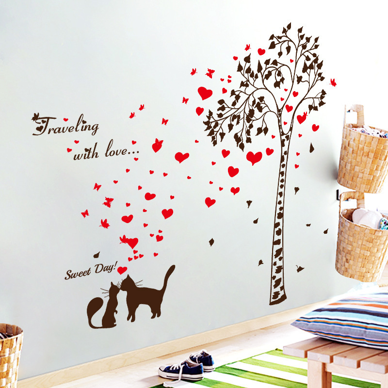 Lovers Kiss Cats  Love tree Lounge Living room Hallway  3d PVC Decoration Barcode Customized Die Cut Wall Sticker