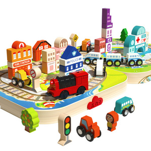 kindergarten toys Educational wooden track building blocks with magnetic electric train and  wooden box for babies