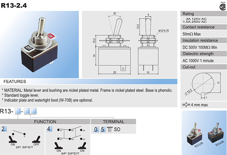 SCI Shaking head switch 3A 125V /1.5A 250V AC ON/OFF 2  Position SPST Heavy Duty Rocker Toggle Switches