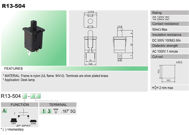 SCI Compatible Square Pushbutton Switch R13-504 Model 250V Max Voltage 1A Max Current 1NO1NC Combination