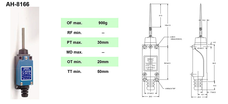 highly High Quality IP65 Protected Limit Switch AH8166 Thermoplastic End Flexible Rod Type 5A Maximum Current 250VAC Voltage