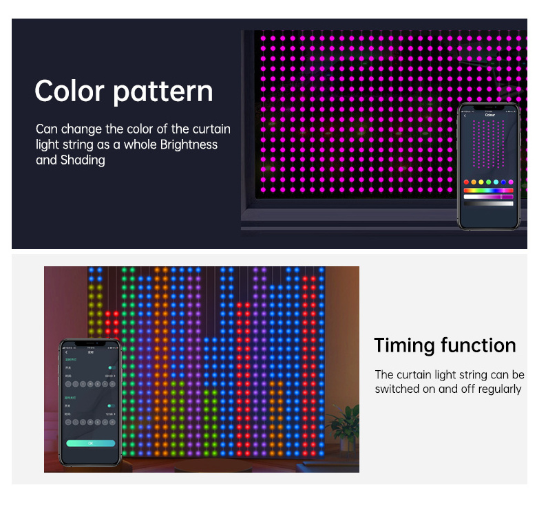 New Hot App Control Smart Rgb Pixel Curtain Lights Party Holiday Lighting Programmable Led Fairy Smart Curtain Lights