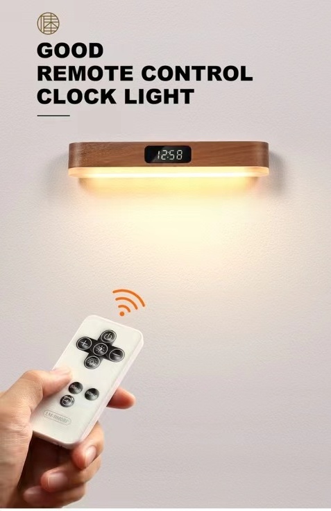 Modern LED Clock Light Dimmable Magnetic Wall Sconce Rechargeable Wall Lamp Remote Control Solid Wood LED Night Light with Clock