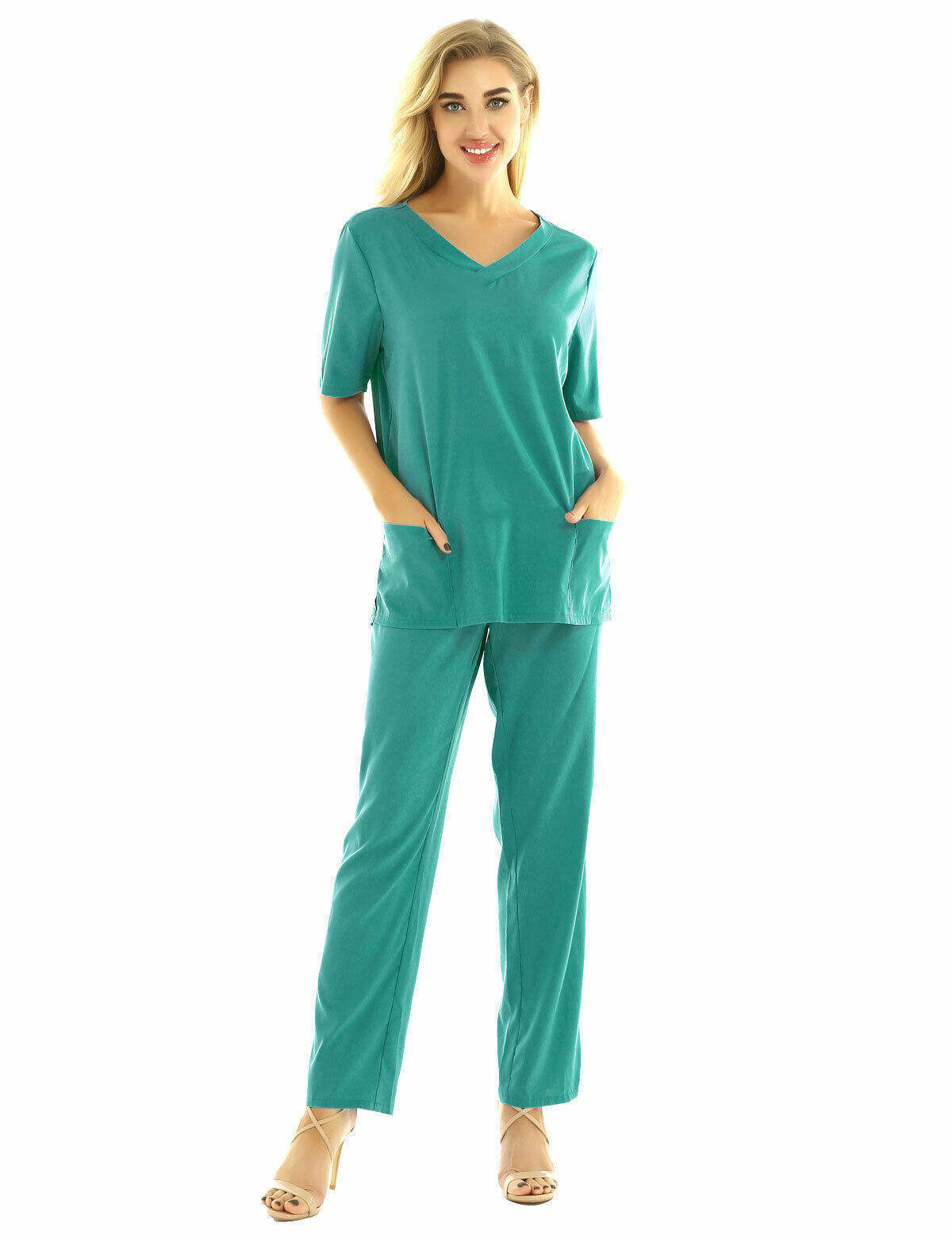 Custom Women Unisex Medical Scrub Suit V-neck With Pocket Short Sleeve Set Medical Nursing Uniform