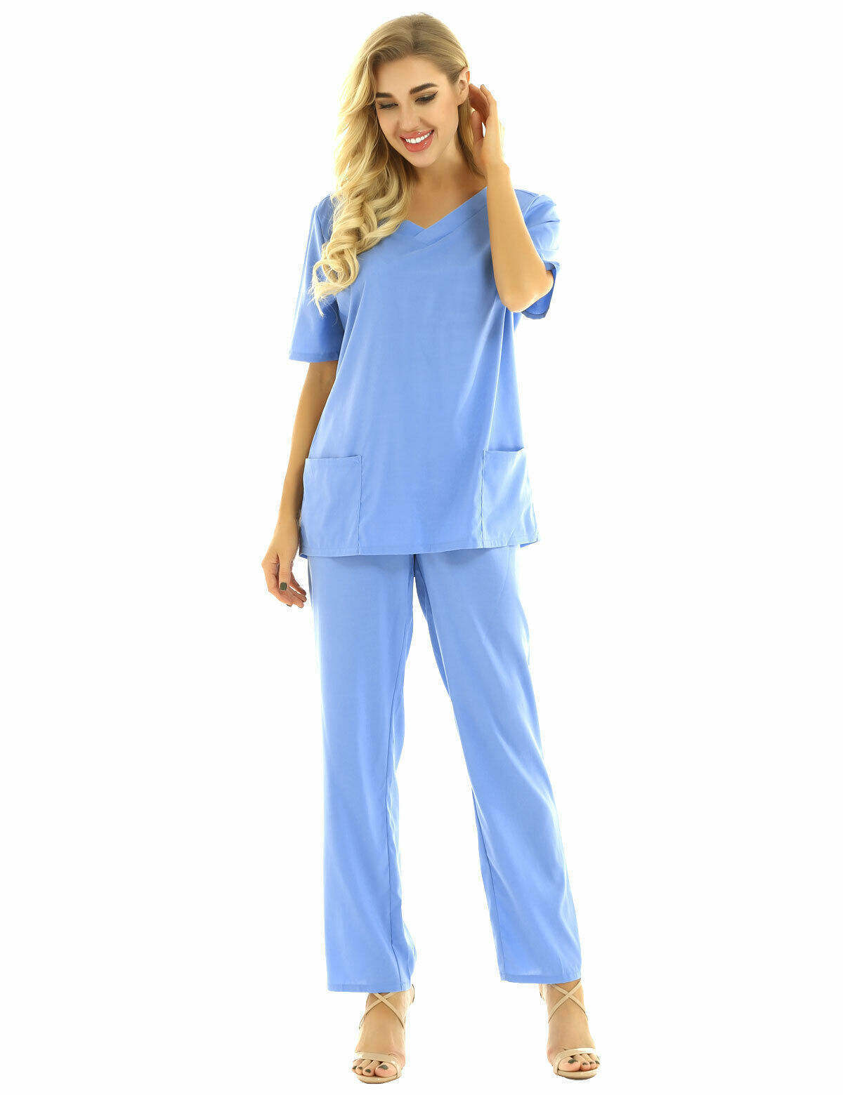 Custom Women Unisex Medical Scrub Suit V-neck With Pocket Short Sleeve Set Medical Nursing Uniform