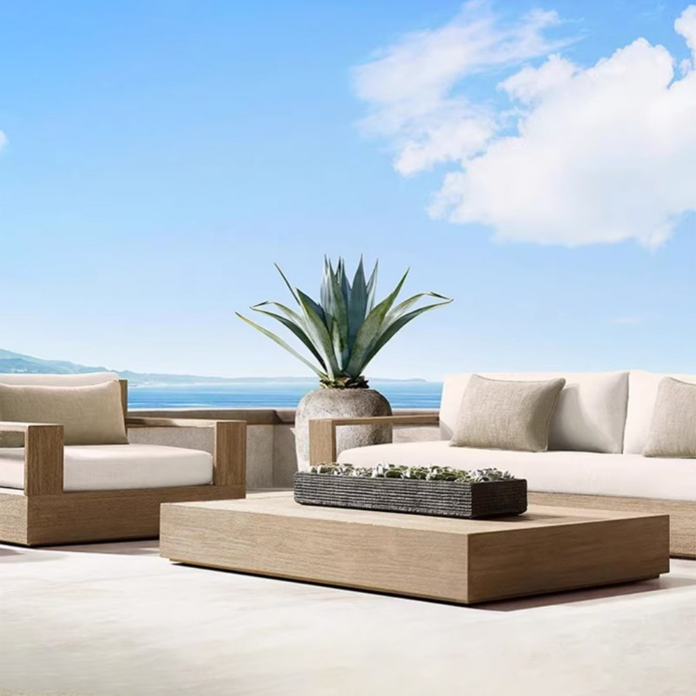 Modern Teak Wood L Shaped white Couch waterproof fabric Garden Set Furniture Sofa Outdoor wood teak sofa