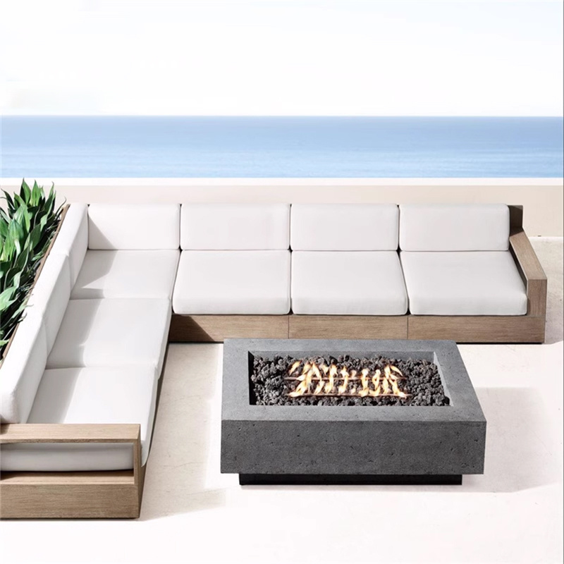 Modern Teak Wood L Shaped white Couch waterproof fabric Garden Set Furniture Sofa Outdoor wood teak sofa