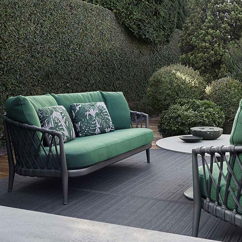 Modern Leisure Garden Furniture Set Weave Outdoor Sofa with Chaise Braided Rope green Couch