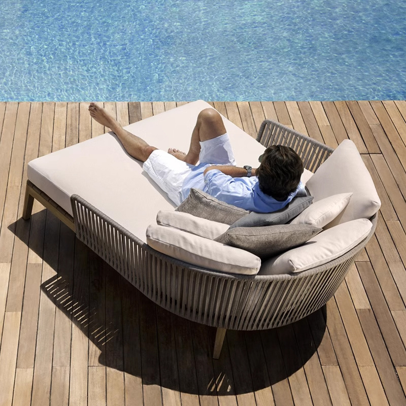 Luxury solid teak wood base sunbed modern leisure poolside woven rope backrest daybed furniture