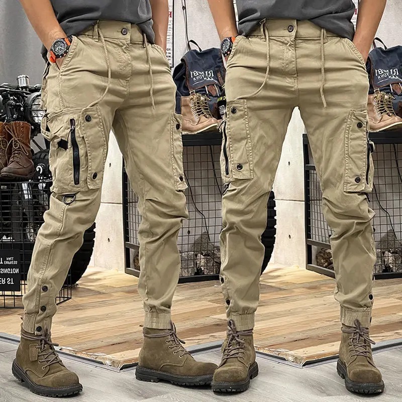 Tactical Cotton Cargo Pants for Mens Elastic Casual Trousers Zipper Multi-Pocket Joggers Fashion Khaki Black Green