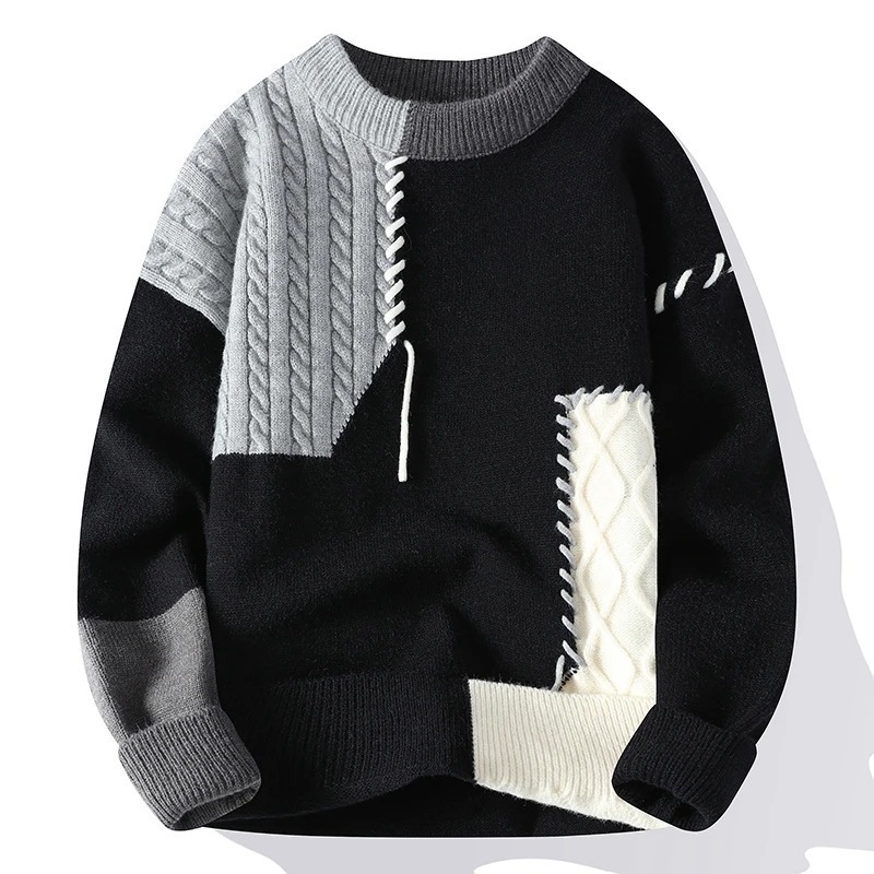 2024 New Men's Contrast Color Sweater Fashion Classic Cashmere Sweater Round Neck Warm Knitted Pullover Men's Clothing