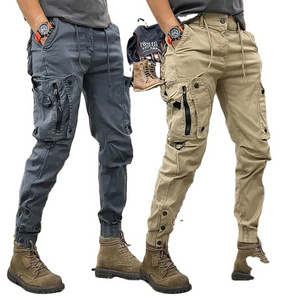 Tactical Cotton Cargo Pants for Mens Elastic Casual Trousers Zipper Multi-Pocket Joggers Fashion Khaki Black Green