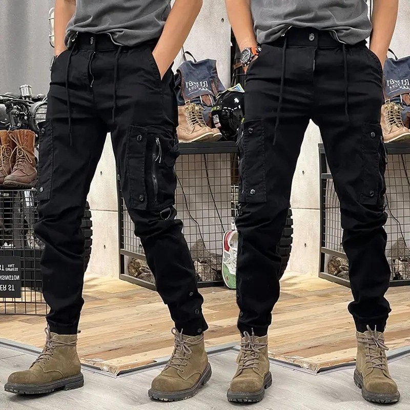 Tactical Cotton Cargo Pants for Mens Elastic Casual Trousers Zipper Multi-Pocket Joggers Fashion Khaki Black Green