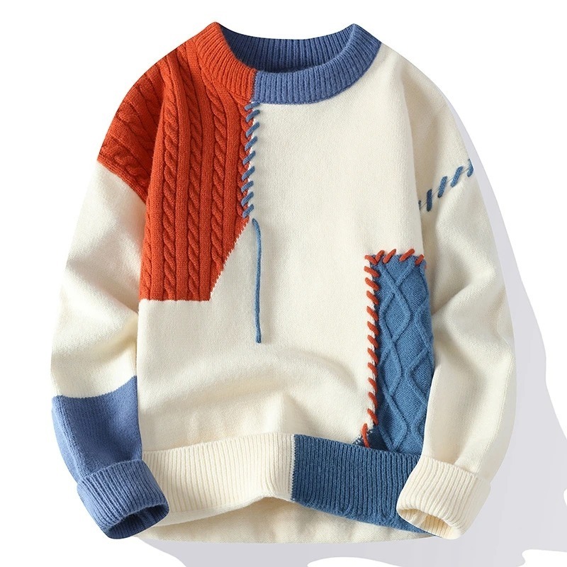 2024 New Men's Contrast Color Sweater Fashion Classic Cashmere Sweater Round Neck Warm Knitted Pullover Men's Clothing