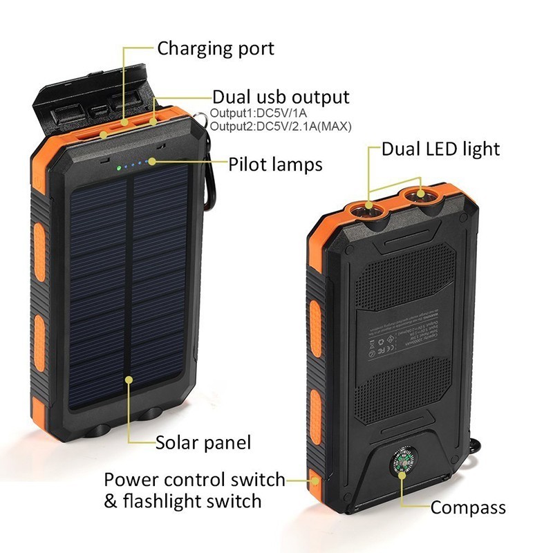 PowerGreen Waterproof USB Solar Power Bank 10000mah ROHS Battery Charger with LED Light Solar Cell Phone Charger