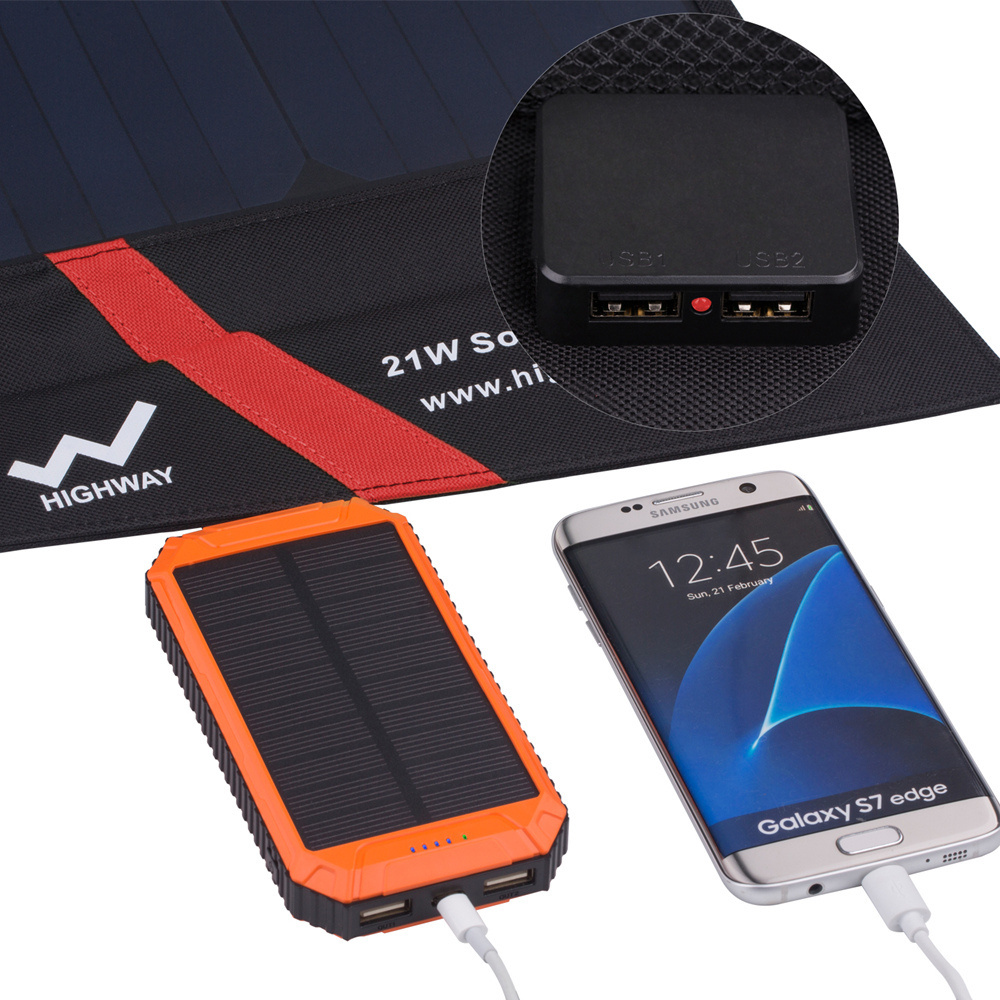 21W Foldable Outdoor Solar Panel Charger SunPower Solar panel With 2 USB Ports for Cellphones