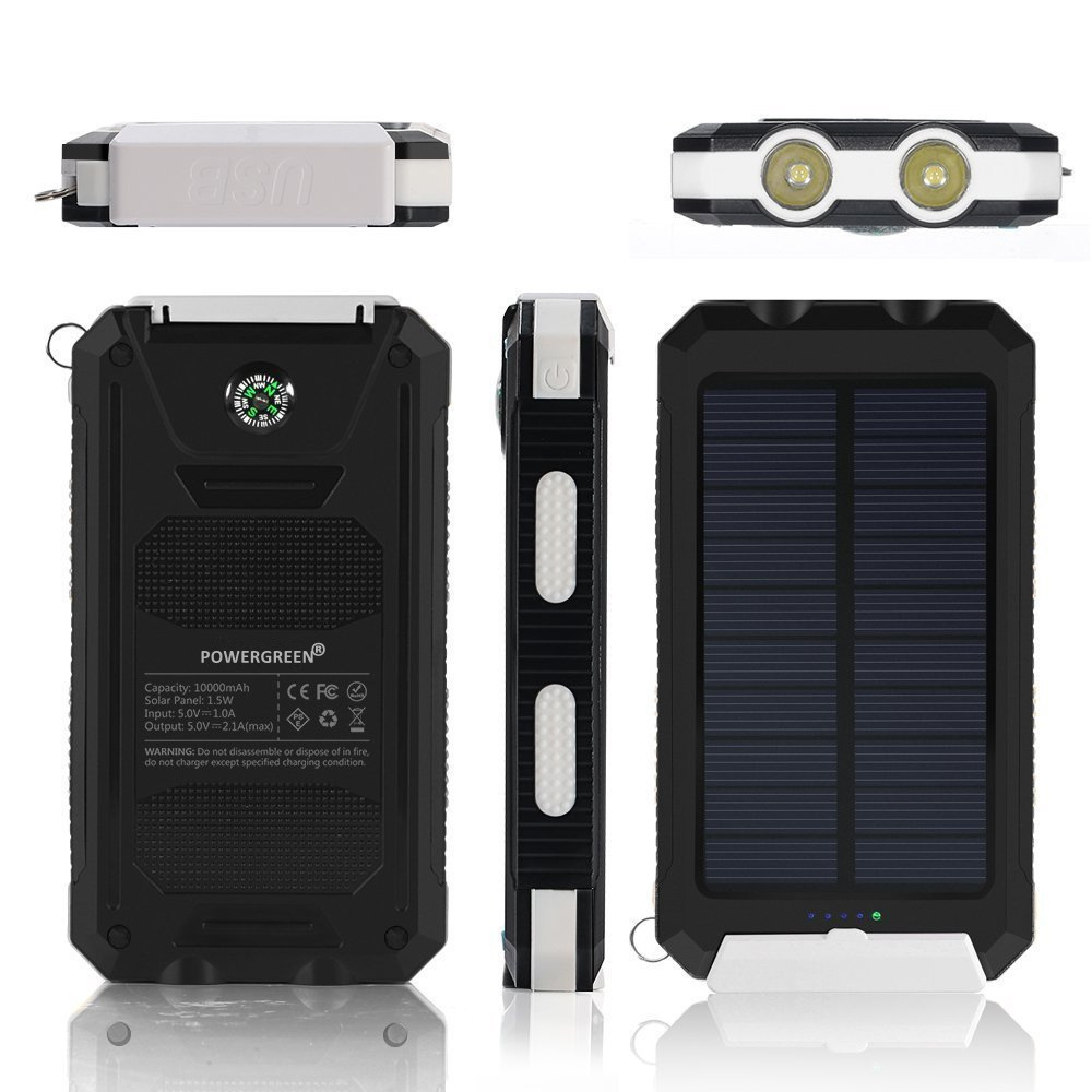 PowerGreen Waterproof USB Solar Power Bank 10000mah ROHS Battery Charger with LED Light Solar Cell Phone Charger