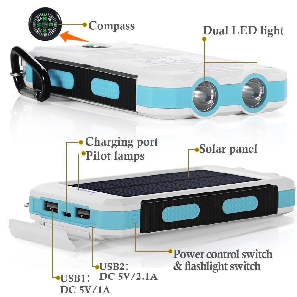 PowerGreen Waterproof USB Solar Power Bank 10000mah ROHS Battery Charger with LED Light Solar Cell Phone Charger