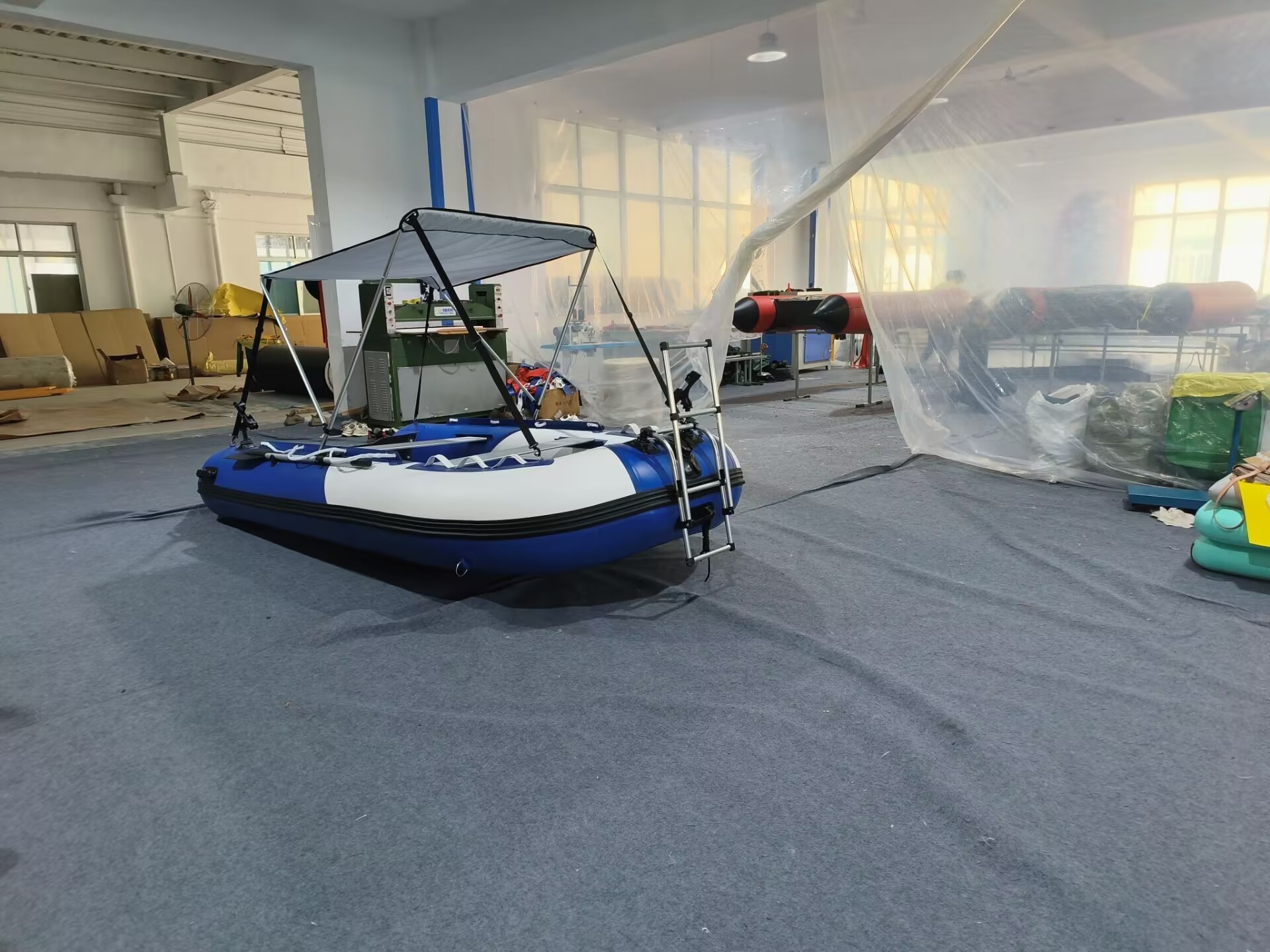 3.6m inflatable dinghy with sunshade taking 4 persons driving in lake, river and offshore sea