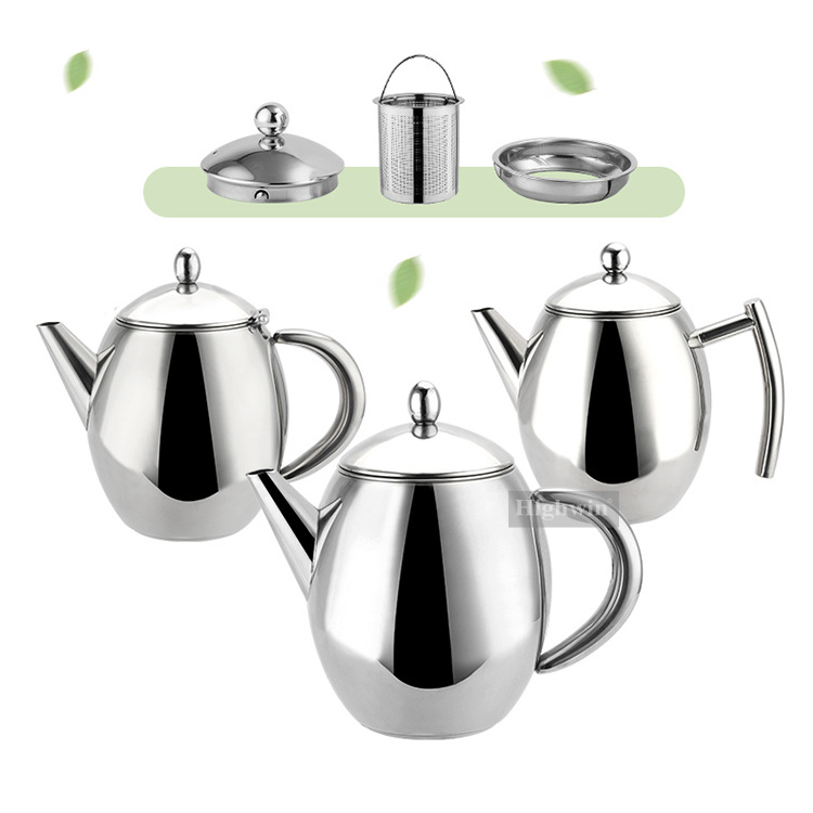 Highwin Factory 1000ml Double Wall Design Silver  Stainless Steel Custom Tea Kettle With Removable Filter