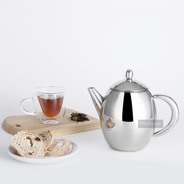 Highwin Factory 1000ml Double Wall Design Silver  Stainless Steel Custom Tea Kettle With Removable Filter