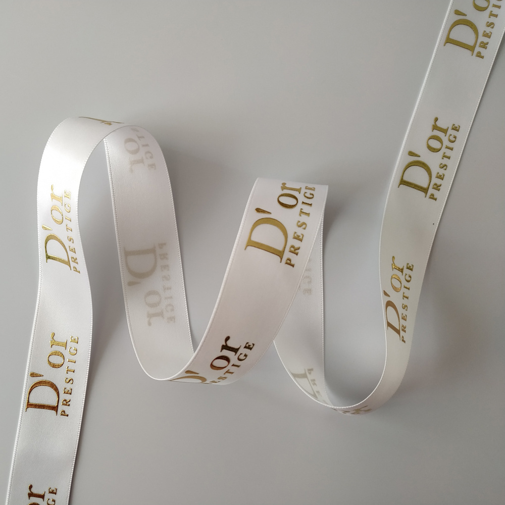 Custom gold foil printed 3d logo gift polyester satin ribbon